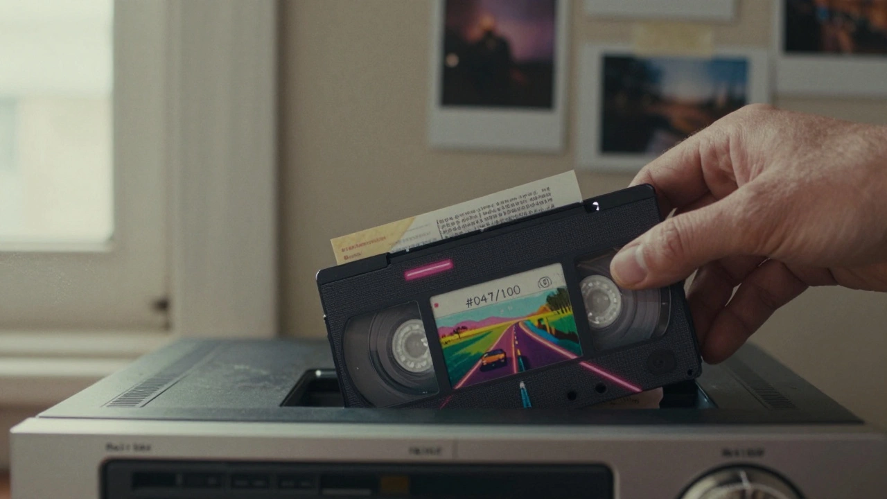A hand inserting a numbered, hand-painted VHS tape into a VCR, with a zine and faded Polaroids in the background.