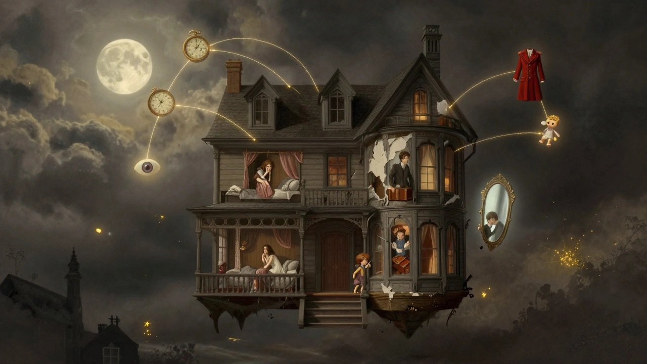A haunted Victorian house floating in air, its walls peeled open to reveal emotional timelines and symbolic motifs glowing softly.
