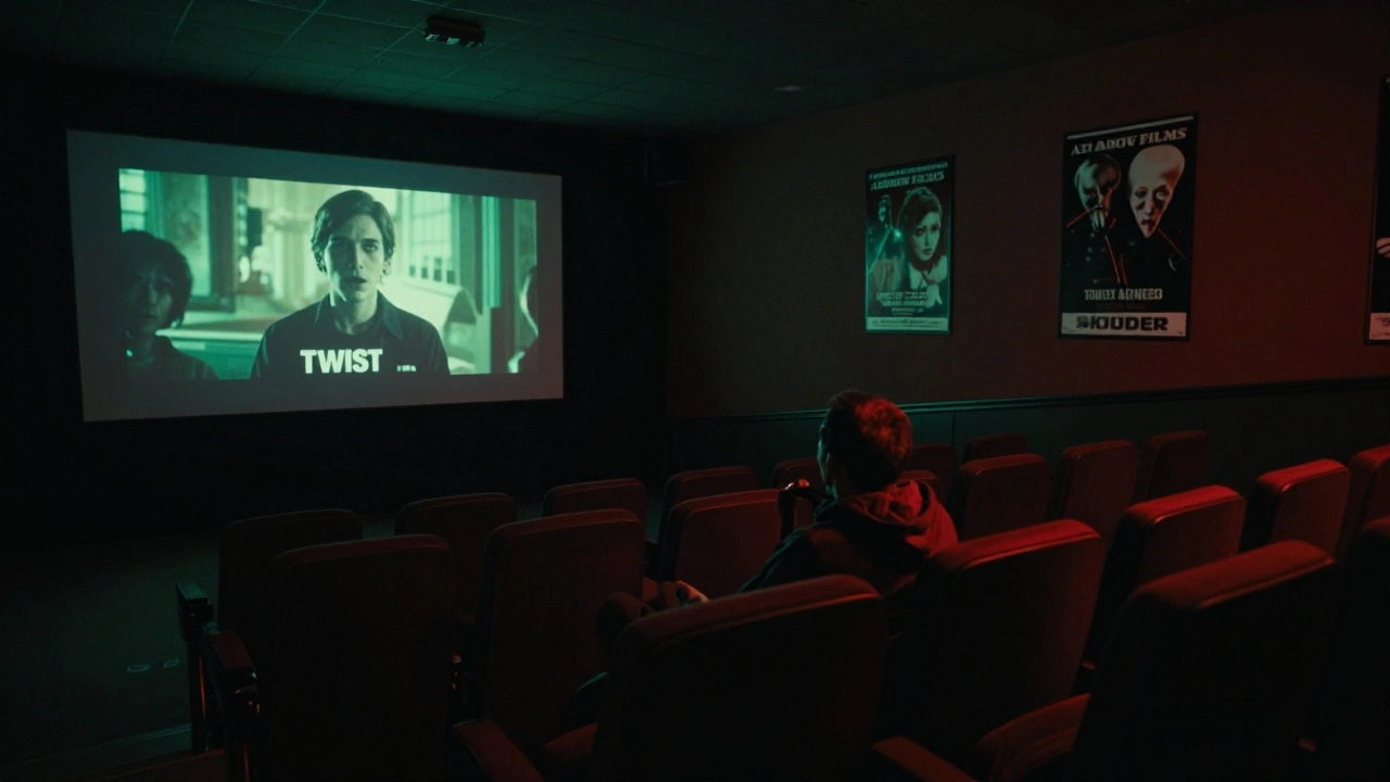 A horror film plays in a quiet Berlin EFM screening room as a buyer watches intently under dramatic colored lighting.