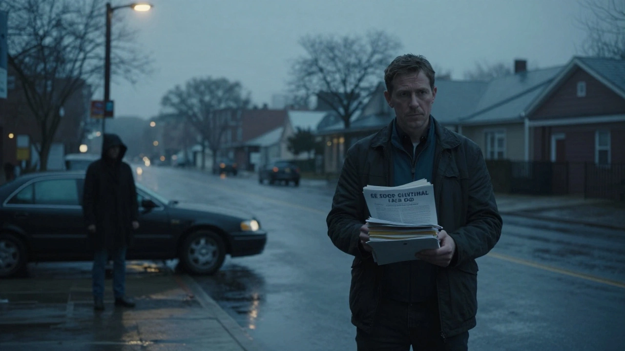 A journalist stands in the rain holding incriminating papers as a shadowy figure watches from a car across the street.