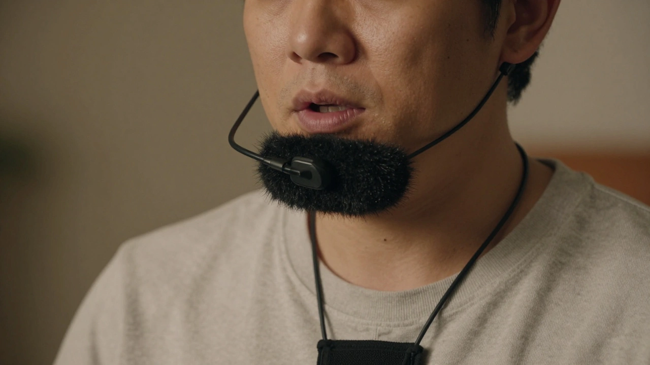 A lavalier microphone is taped under an actor's chin with a fuzzy windscreen and cable routed along their body.
