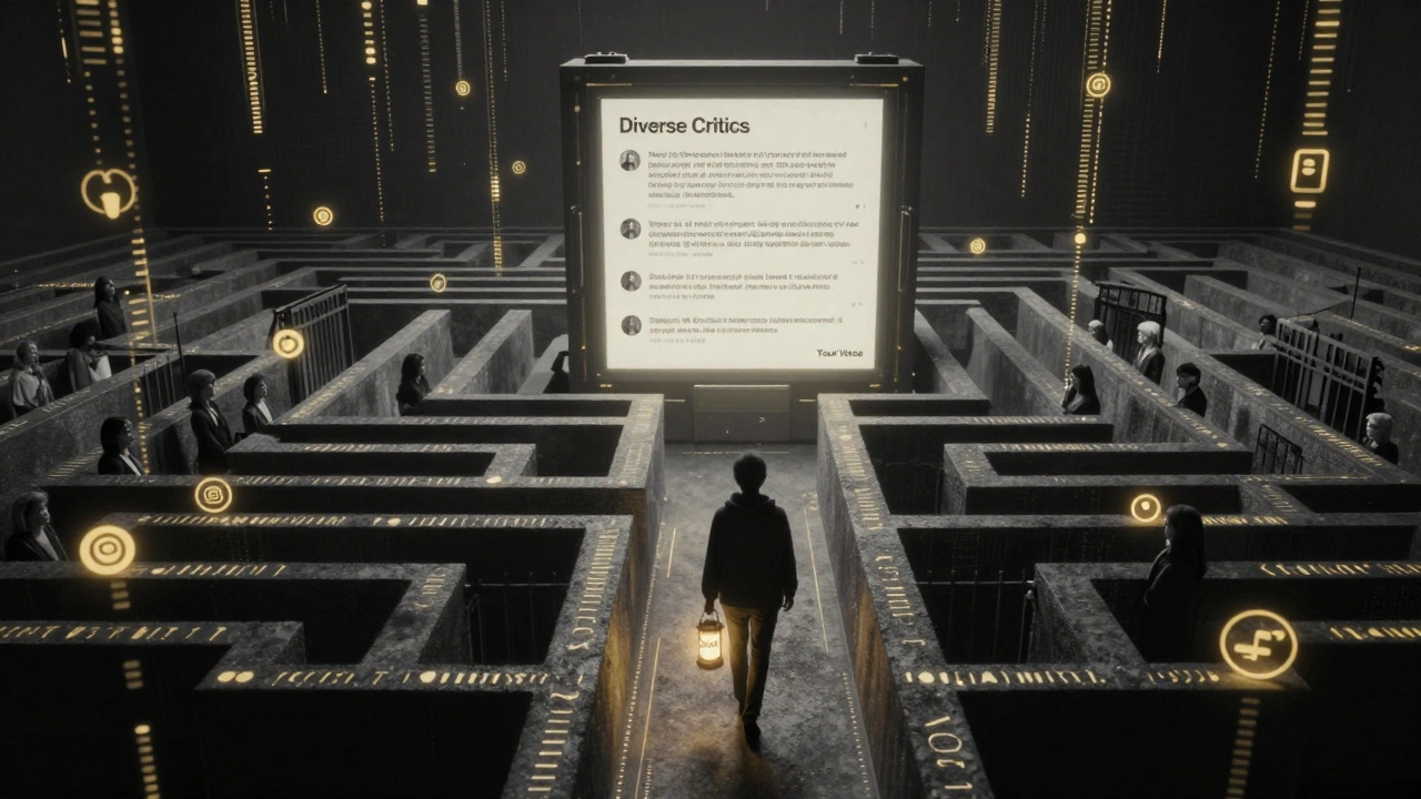 A lone figure walks toward diverse critics in a digital maze, while an algorithm churns out identical reviews behind them.