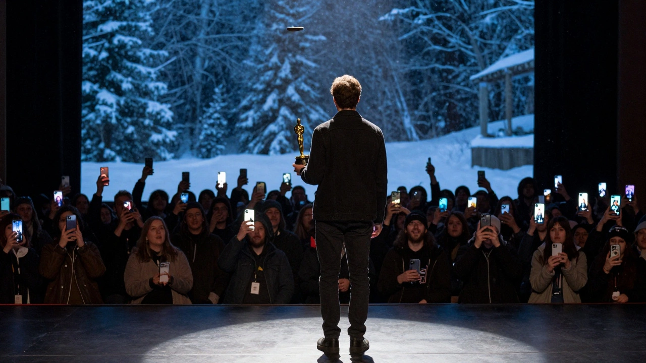 A lone filmmaker on a Sundance stage holding an Oscar as audience members film the moment with their phones, snow falling outside.
