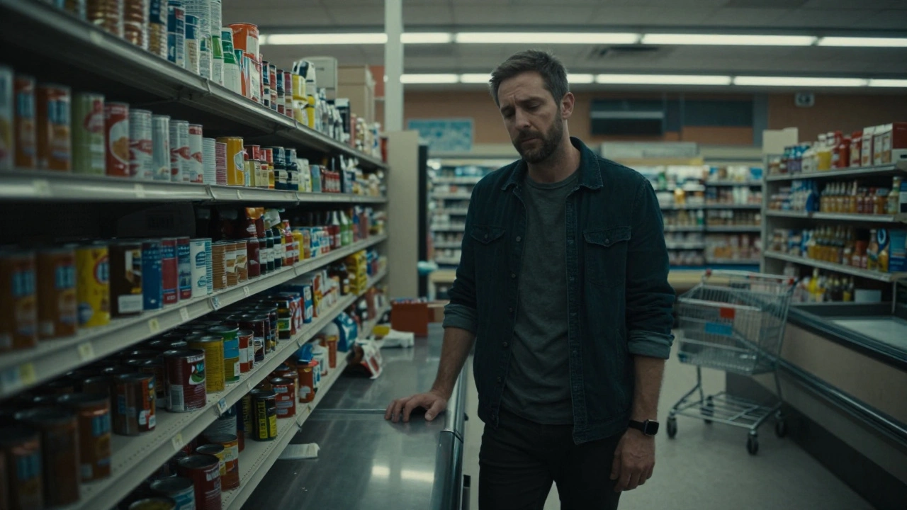 A man stands exhausted in an empty grocery store at night, surrounded by shadows and abandoned carts.