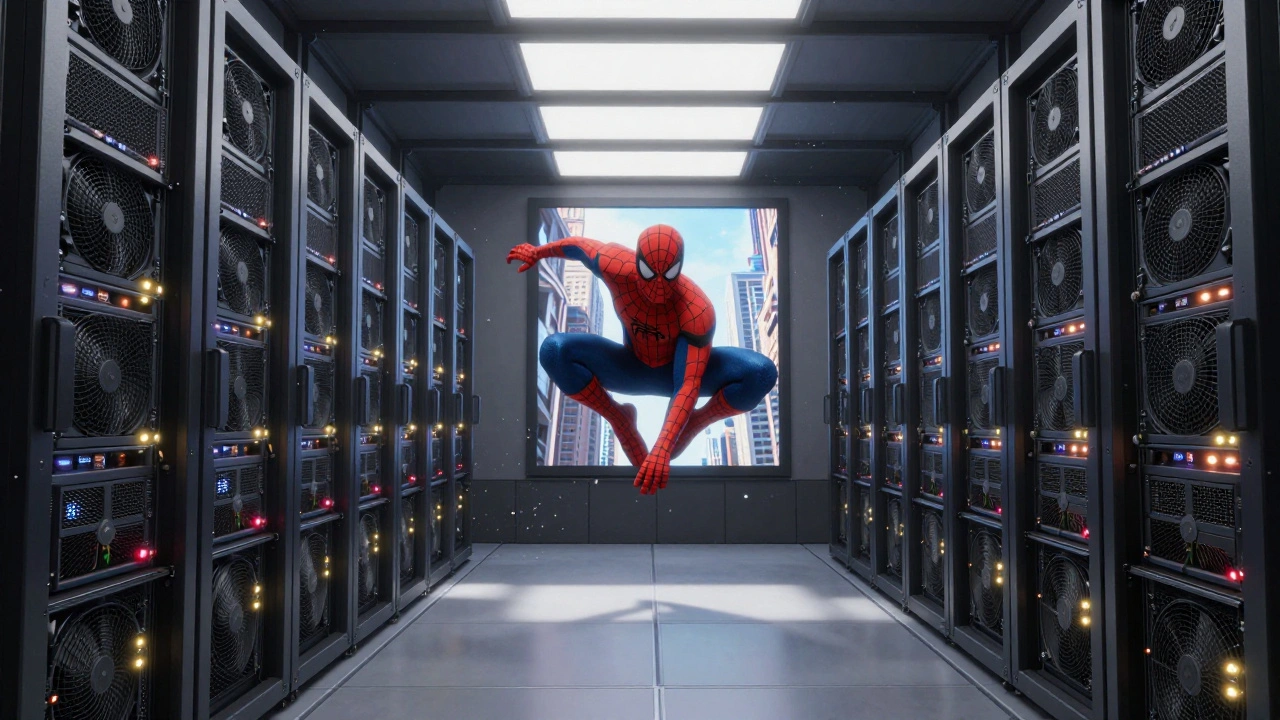 A massive server room with blinking LEDs rendering a frame of Spider-Man in vibrant detail.