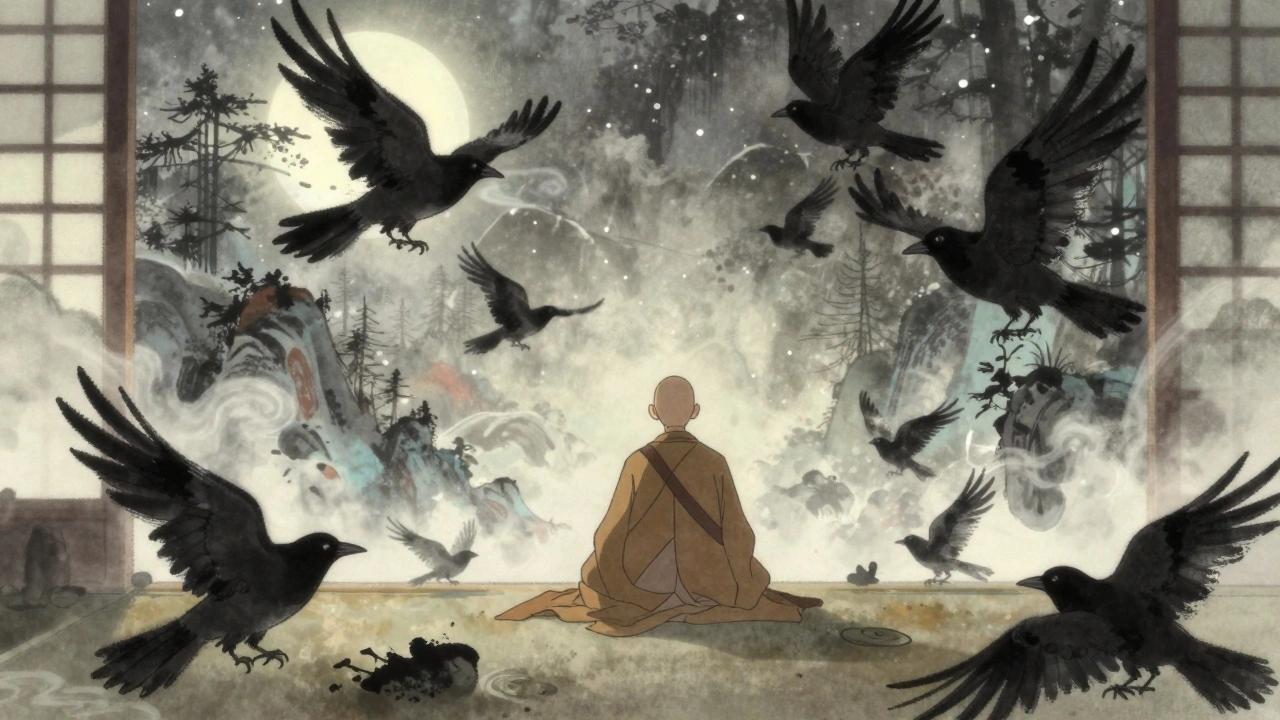 A monk in a Japanese temple watches ink-painted crows fly through a dreamlike landscape of mountains and snow.