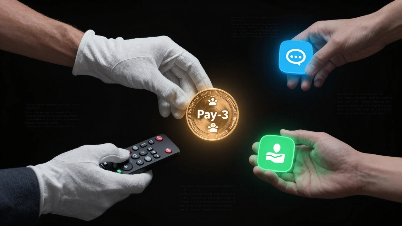 A movie depicted as a glowing coin being passed between theater, cable, and streaming representatives.