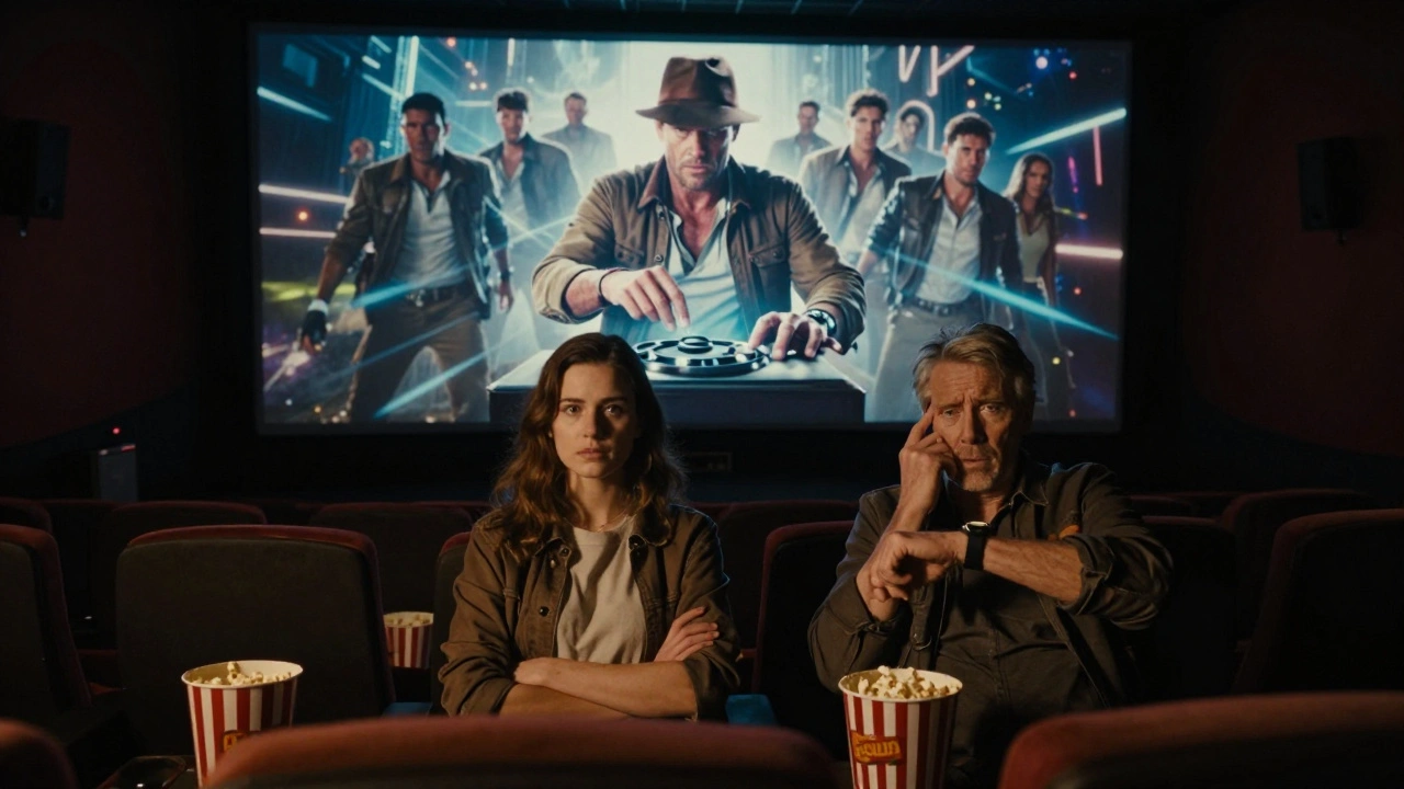 A movie theater audience watching a chaotic multiverse film, one viewer visibly tired, screen glow illuminating empty popcorn buckets.