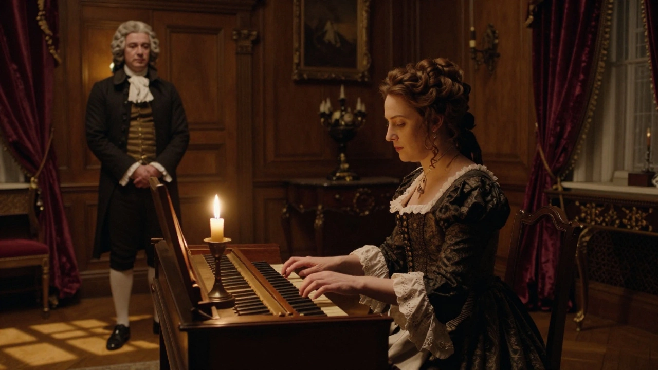 A noblewoman playing a harpsichord in an 18th-century drawing room by candlelight.