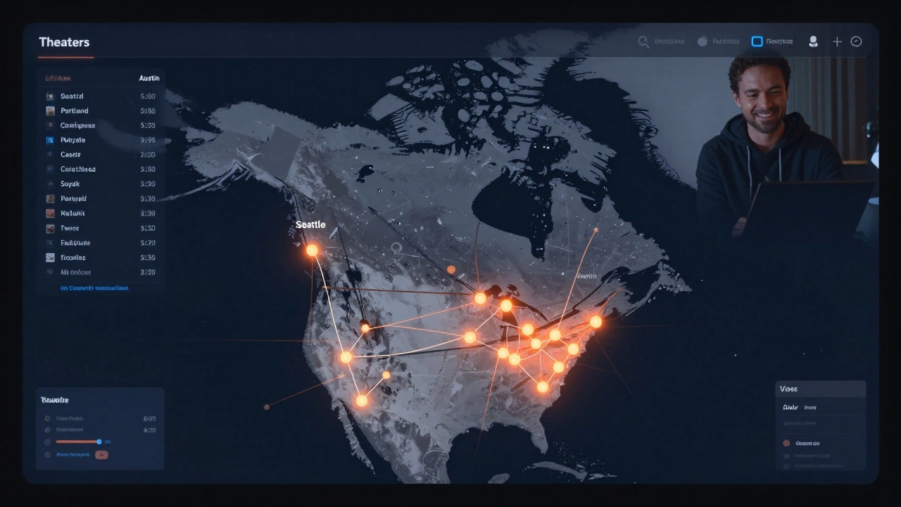 A North American map with glowing theater nodes showing real-time data flows as a film expands organically across cities.
