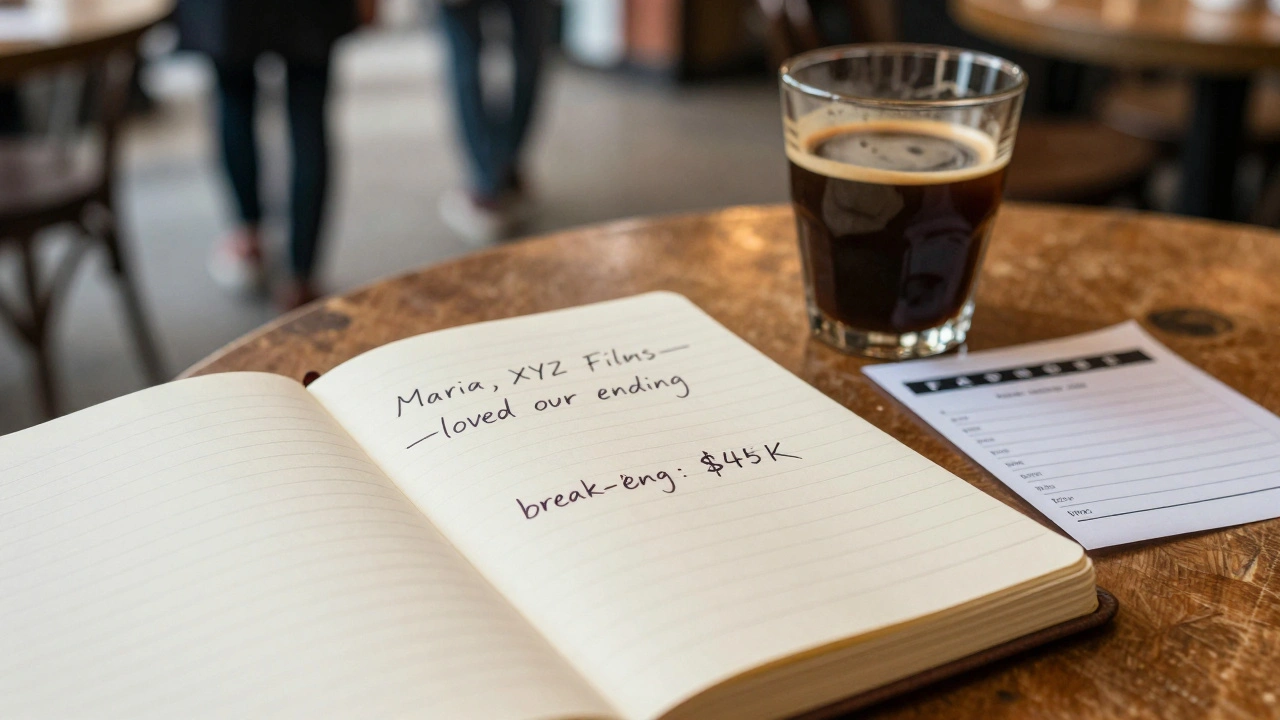 A notebook with handwritten lead details and a one-sheet on a café table, coffee nearby.