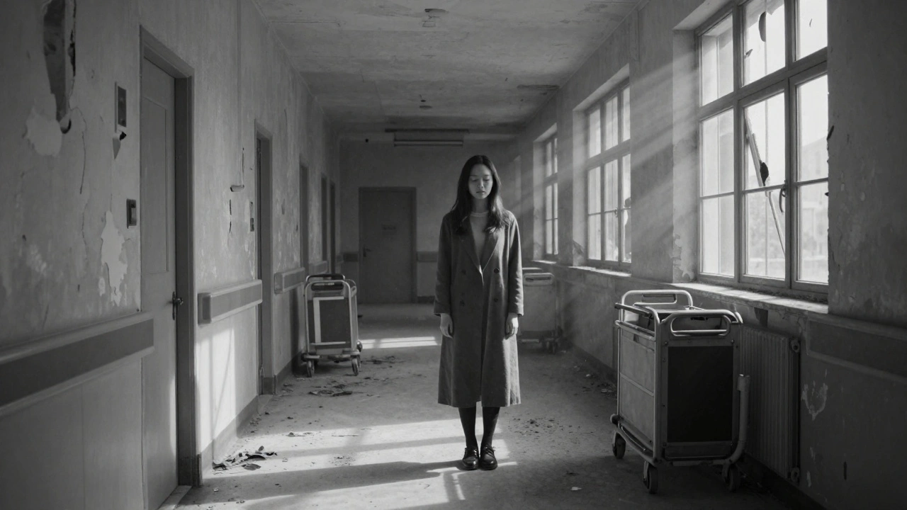 A person stands silently in an abandoned hospital hallway, sunlight cutting through dust, eyes closed in stillness.