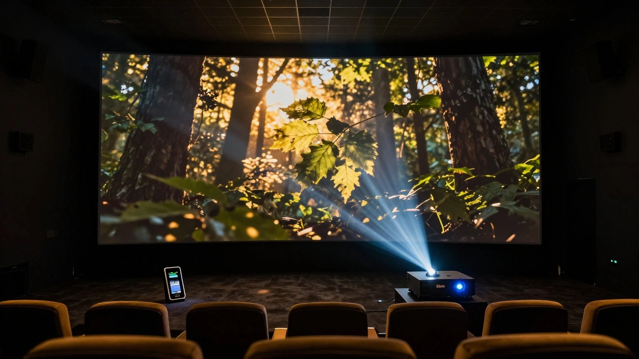 A premium cinema screen projecting a vivid HDR scene with glowing highlights and deep shadows.