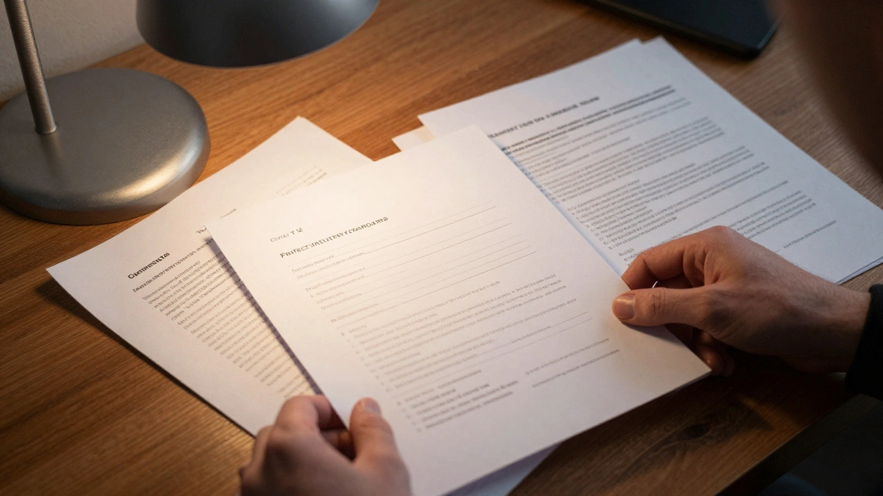 A producer examining a stack of scripts, one neatly formatted among messy ones, under a warm desk lamp.
