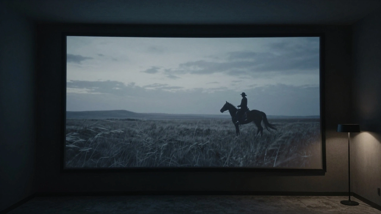A quiet scene from The Power of the Dog playing on a screen, featuring a lone cowboy on a prairie at dusk.