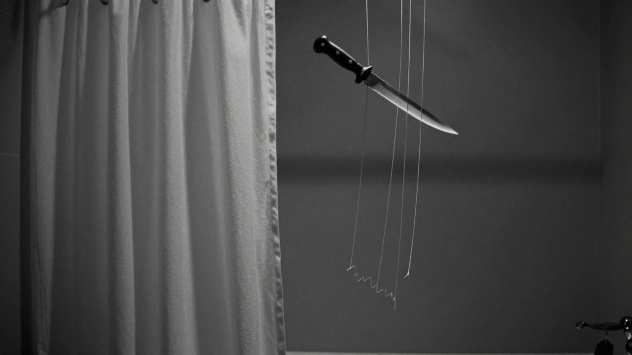 A shower curtain drifts as violin strings slice through the air like blades.