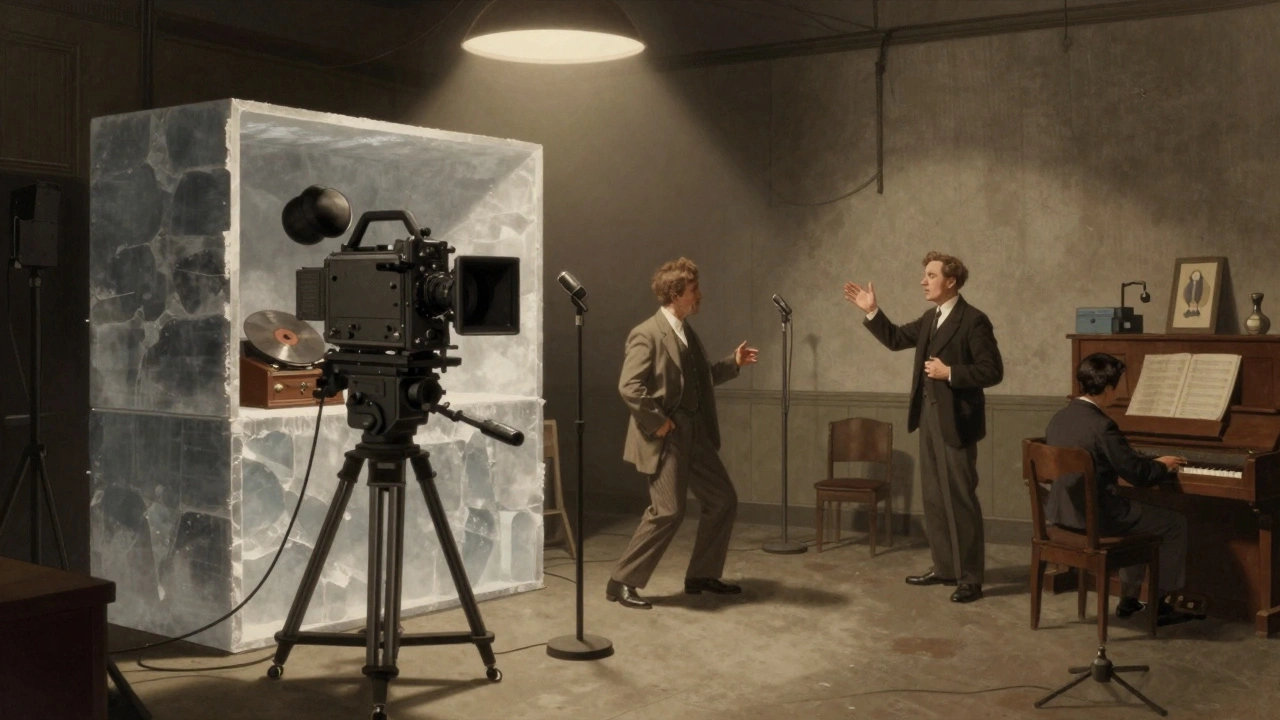 A silent film camera trapped in a soundproof booth, with microphones and recording equipment surrounding frozen actors.