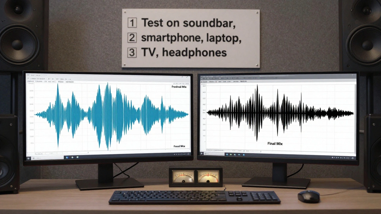 A sound engineer comparing festival and final mix waveforms on a mixing console with testing checklist visible.