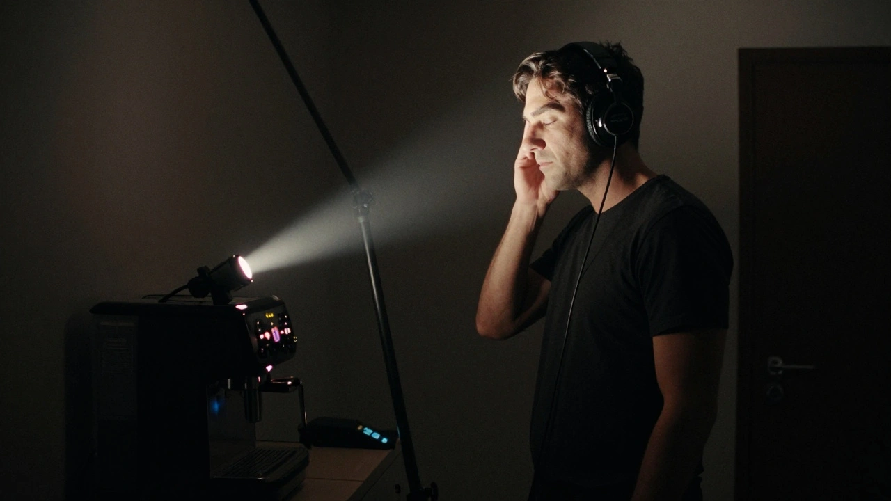 A sound technician listens in silence during a sound sweep, headphones on, in a dimly lit set with no noise sources visible.