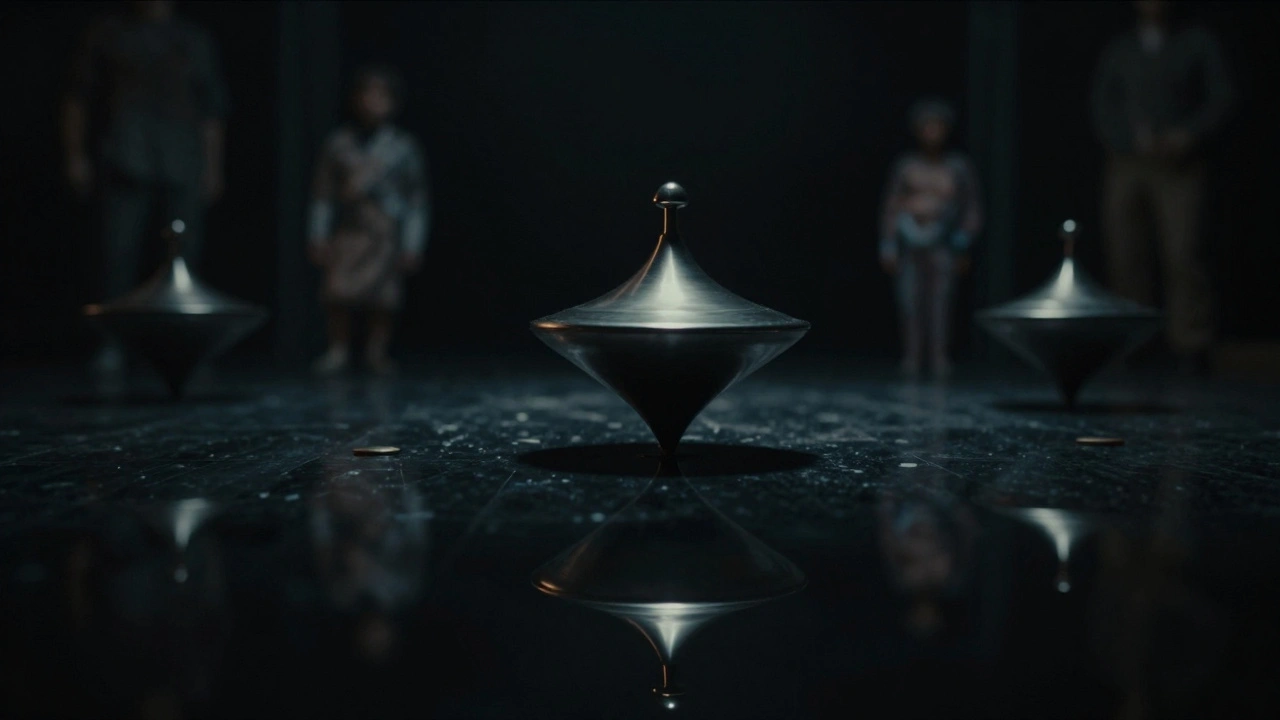 A spinning top reflects perfectly on a floor, symbolizing visual continuity across dream layers in a film.