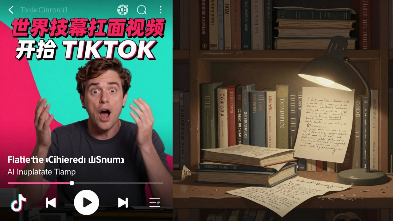 A split scene showing a viral TikTok film review versus a quiet, traditional film essay in a library.