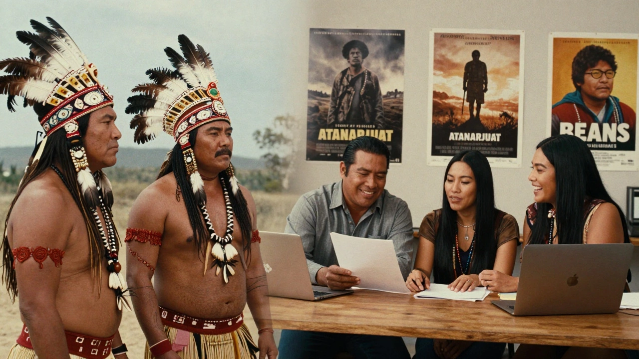 A split-screen contrast: outdated Hollywood stereotypes on one side, authentic Indigenous filmmakers creating on the other.