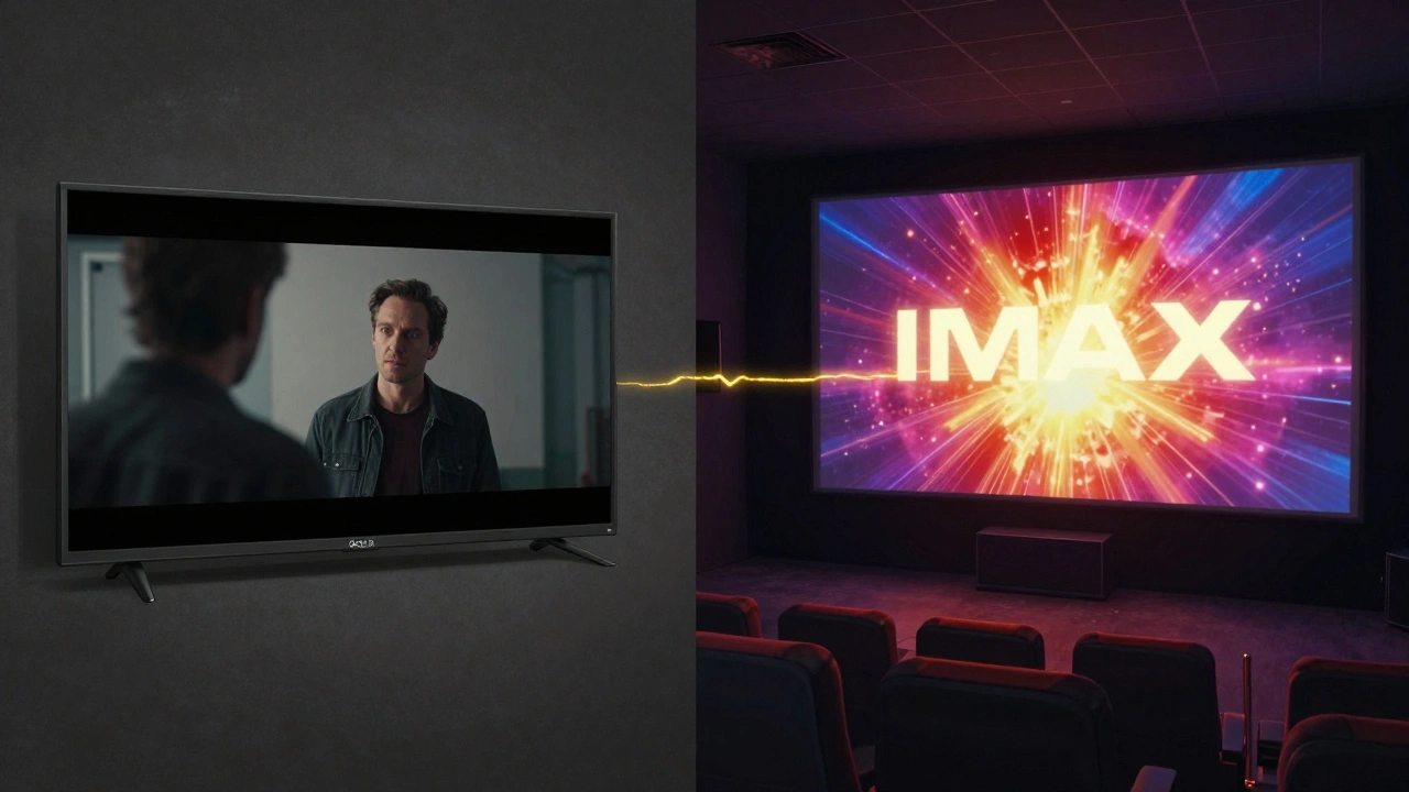 A split view comparing a flat TV display to a vibrant cinema projection of the same scene.