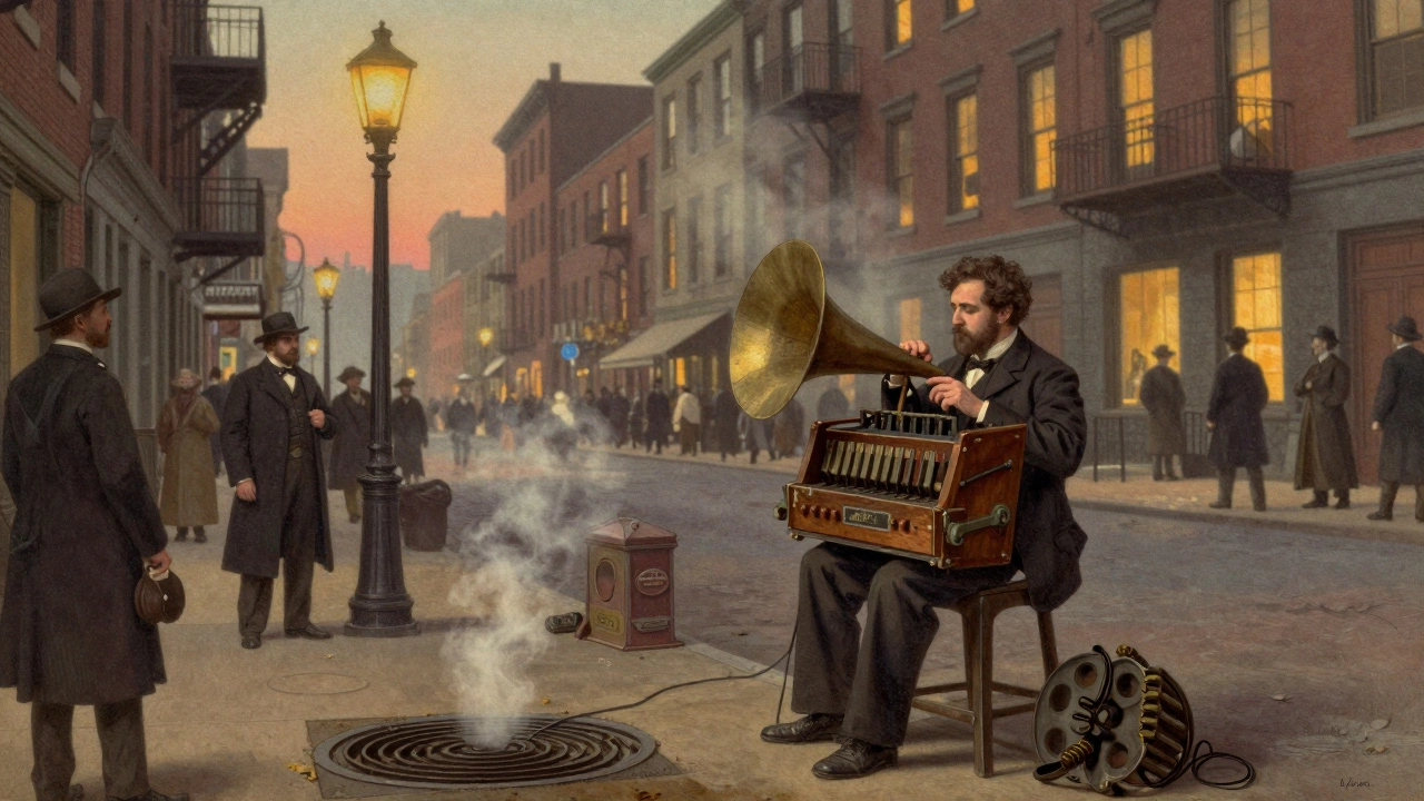 A street organ player performing in late 19th-century New York at dusk.