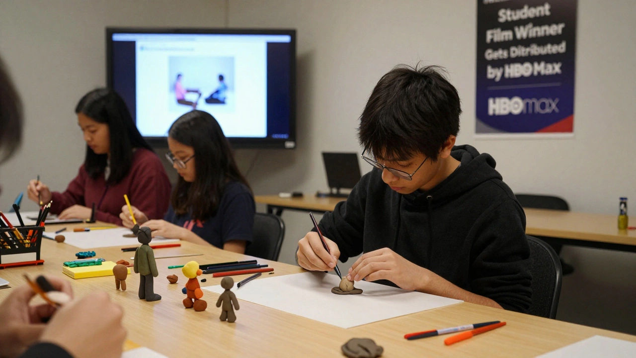 A student demonstrating claymation at Ottawa Animation Festival, surrounded by tools and digital screens.