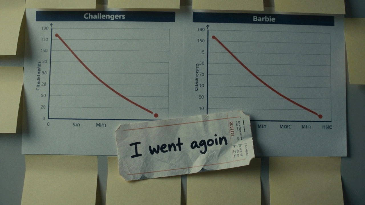A studio executive's wall displays two box office graphs, one crashing and one holding strong, with a single theater ticket on the desk.