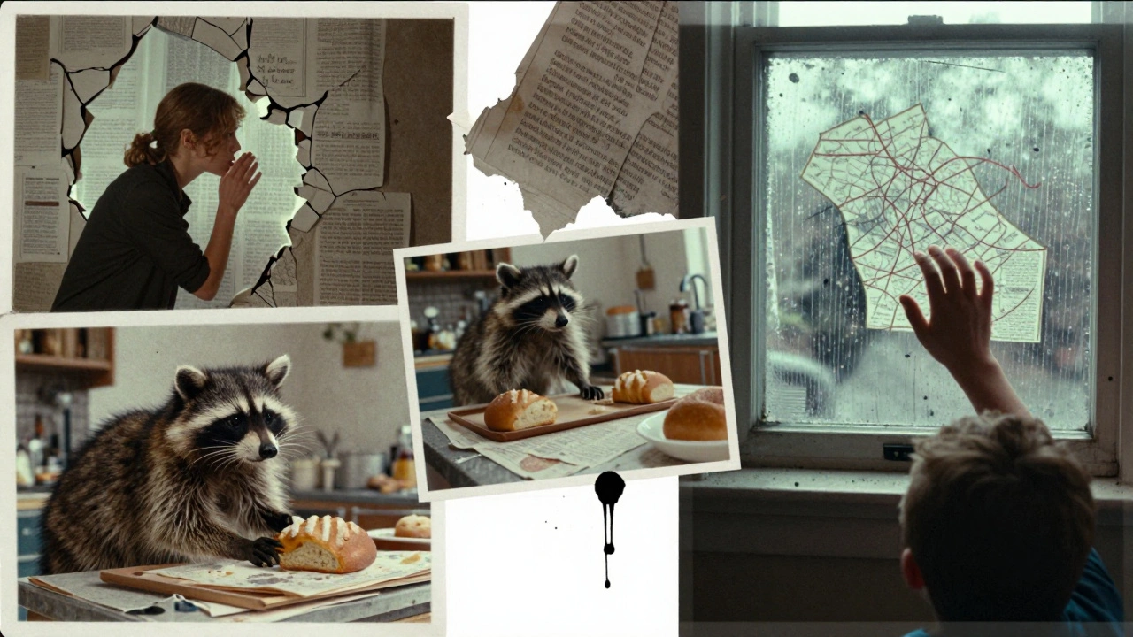 A surreal collage of film scenes inspired by zines: talking animals, glowing walls, and hand-drawn maps in grainy film texture.