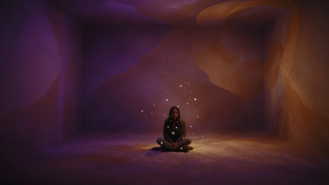 A surreal room with walls shifting between violet and amber light, a lone figure seated amid floating particles of glow.