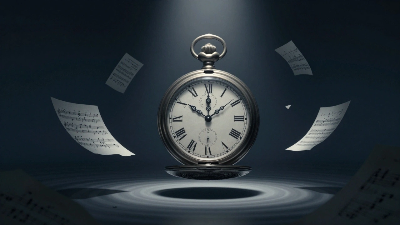 A ticking watch floats in a dreamlike space with floating music sheets.