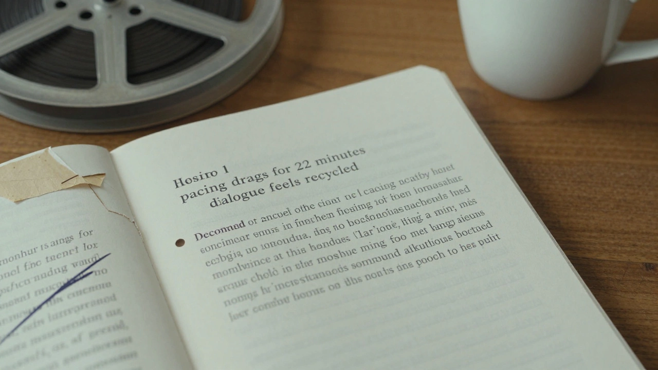 A typed film review with discarded drafts, showing thoughtful revision over harsh criticism.