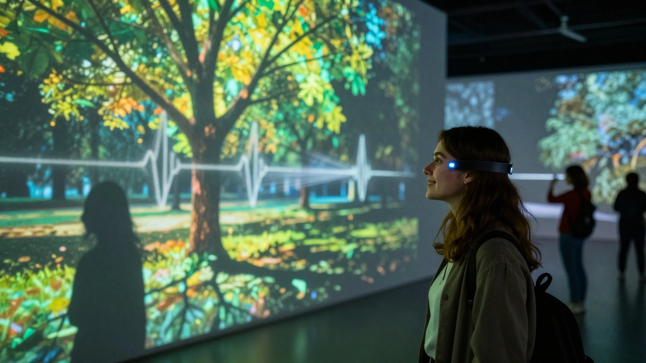 A visitor wearing a sensor device that changes a projected film’s visuals in response to their heartbeat and movement.
