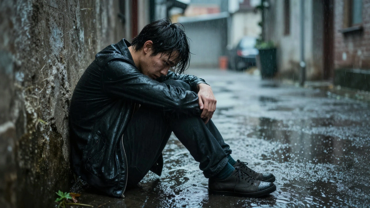 A weary protagonist in the rain, head down, revealing quiet vulnerability after a personal defeat.