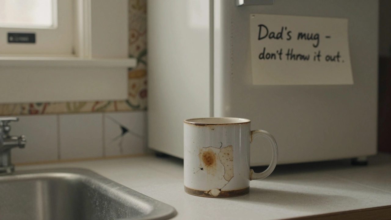A weathered coffee mug with chipped handle and coffee stain on a 1970s kitchen counter, symbolizing hidden storytelling in set design.