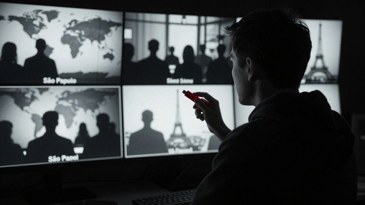 A whistleblower in a broadcast studio, backlit by global screens showing audiences watching from different countries.