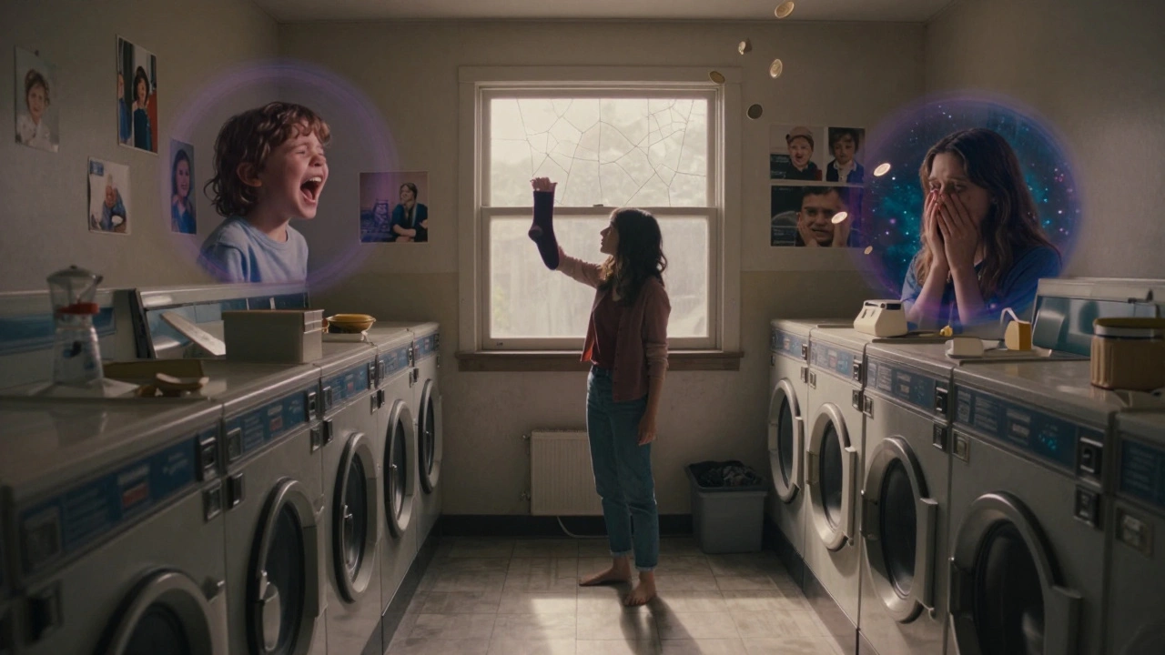 A woman in a quiet laundromat surrounded by swirling multiverse portals, soft dawn light casting long shadows over faded family photos.