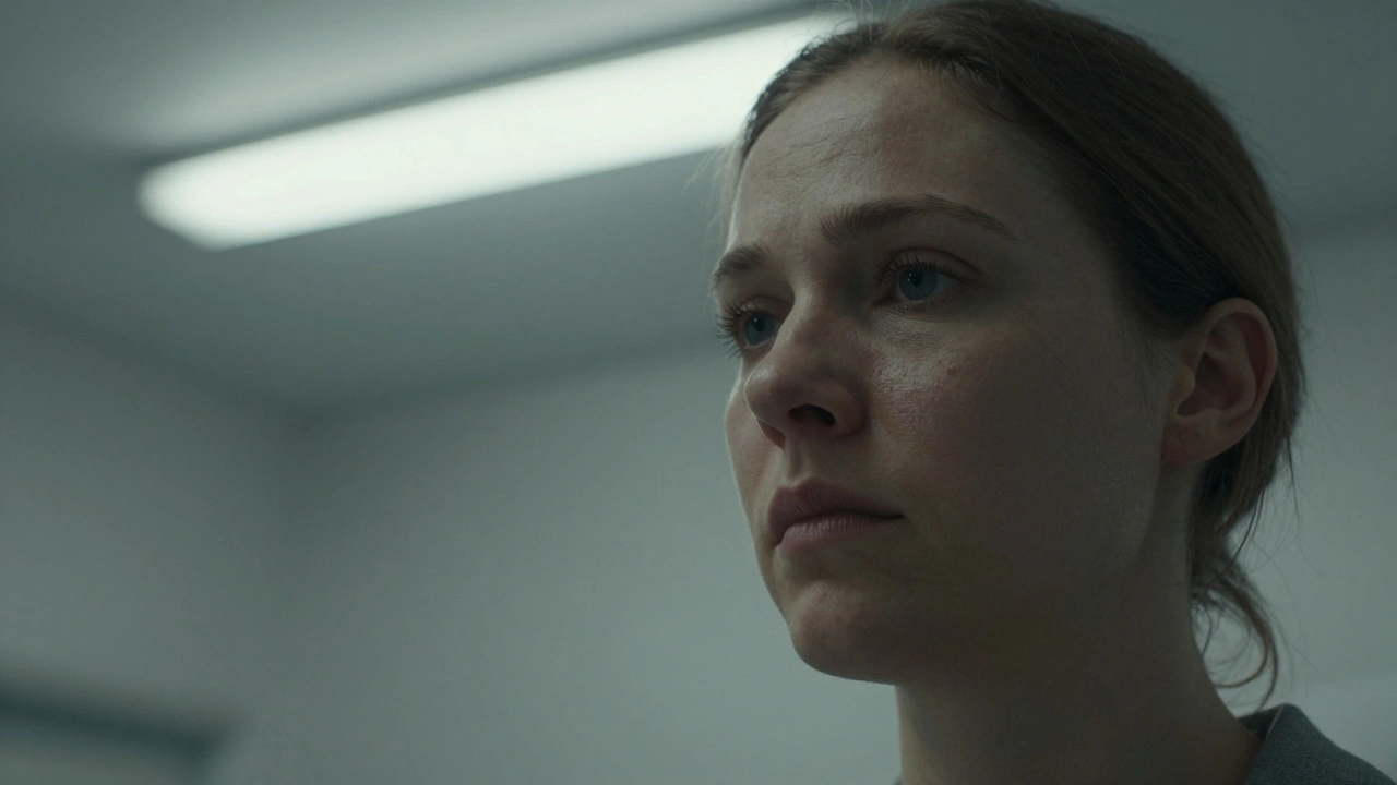 A woman’s face lit by harsh overhead fluorescent lights, shadows defining her expression in a sterile room.