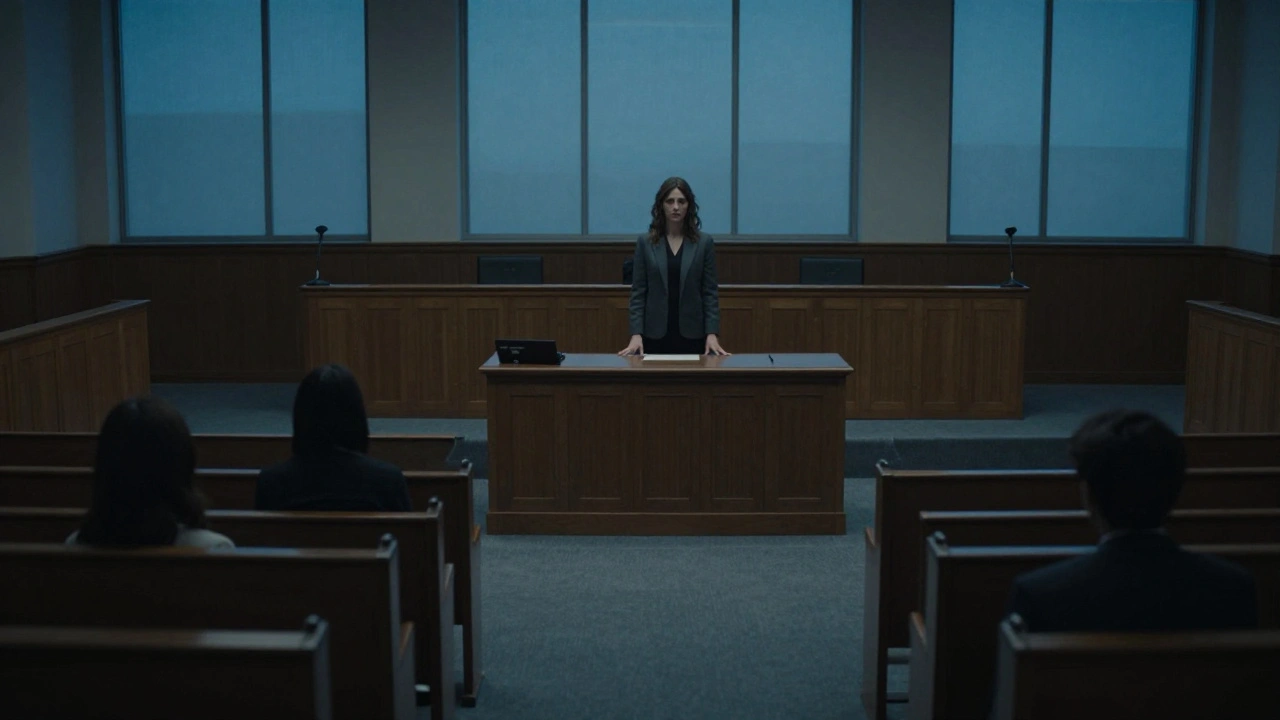 A woman stands alone in a quiet courtroom at dusk, shadows stretching across empty benches.