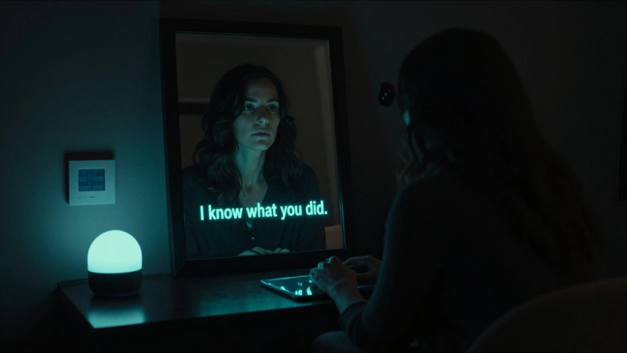 A woman stares at a smart mirror showing her dead mother, surrounded by glowing smart devices.