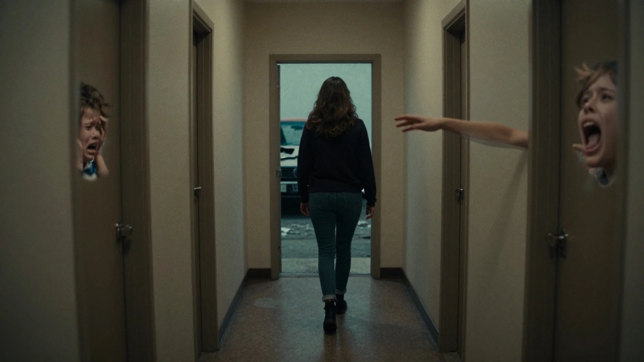 A woman walks down a hallway where each doorway shows a different version of the same event.
