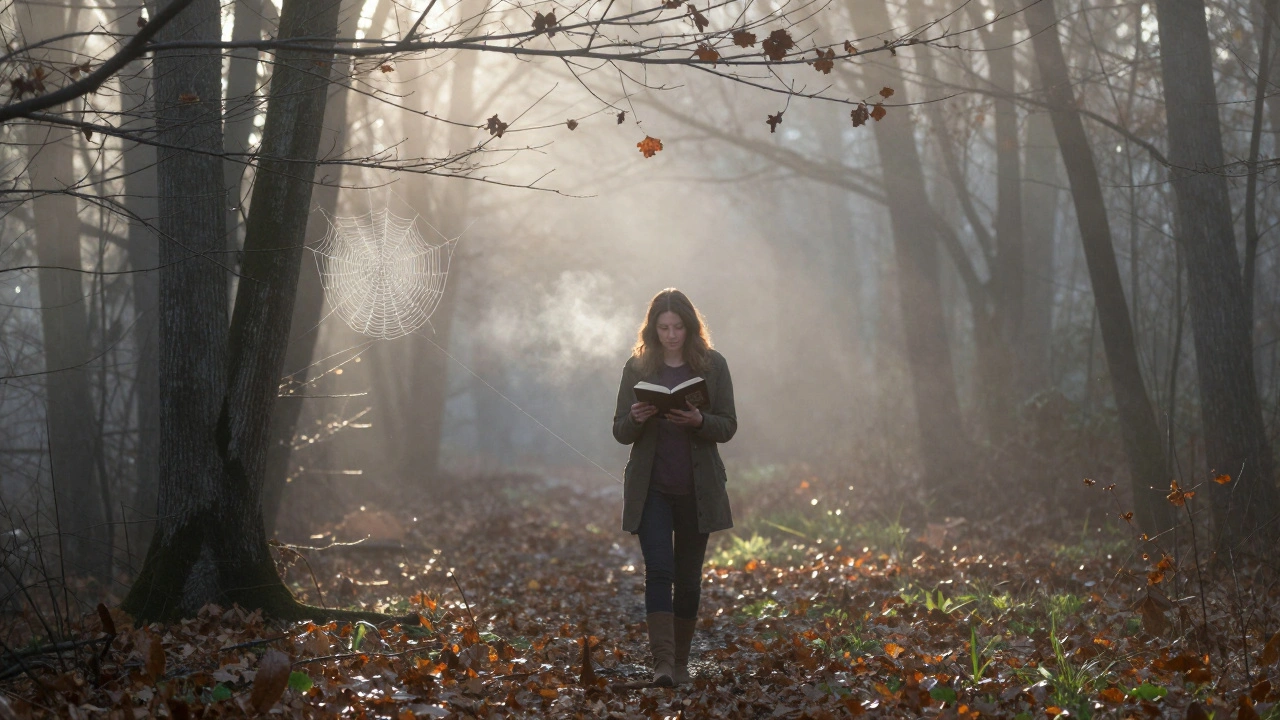 A woman walks through a misty forest, reading poetry as dew glistens on spiderwebs.