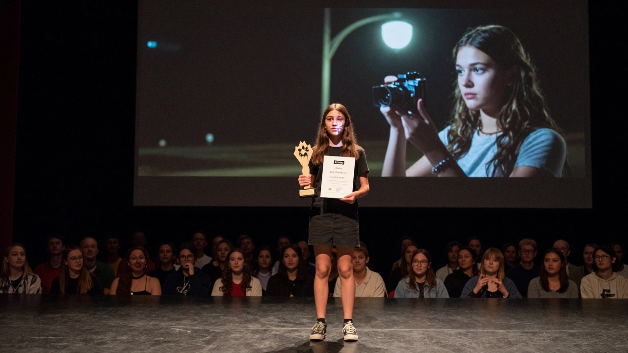 A young female filmmaker stands on stage as her first feature film screens to a cheering crowd.
