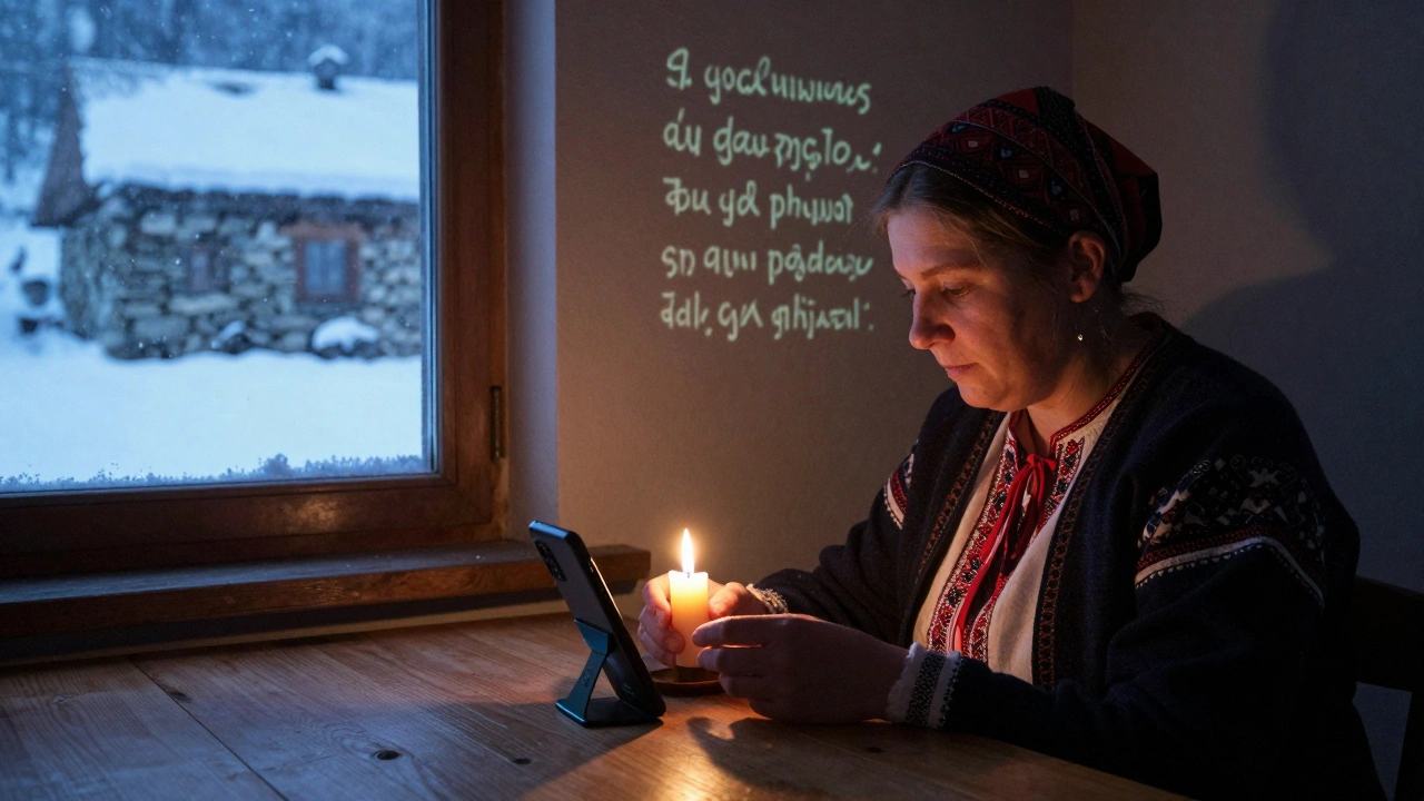 A young person filming their grandmother telling a folk tale in a remote Carpathian village, candlelight casting soft shadows.