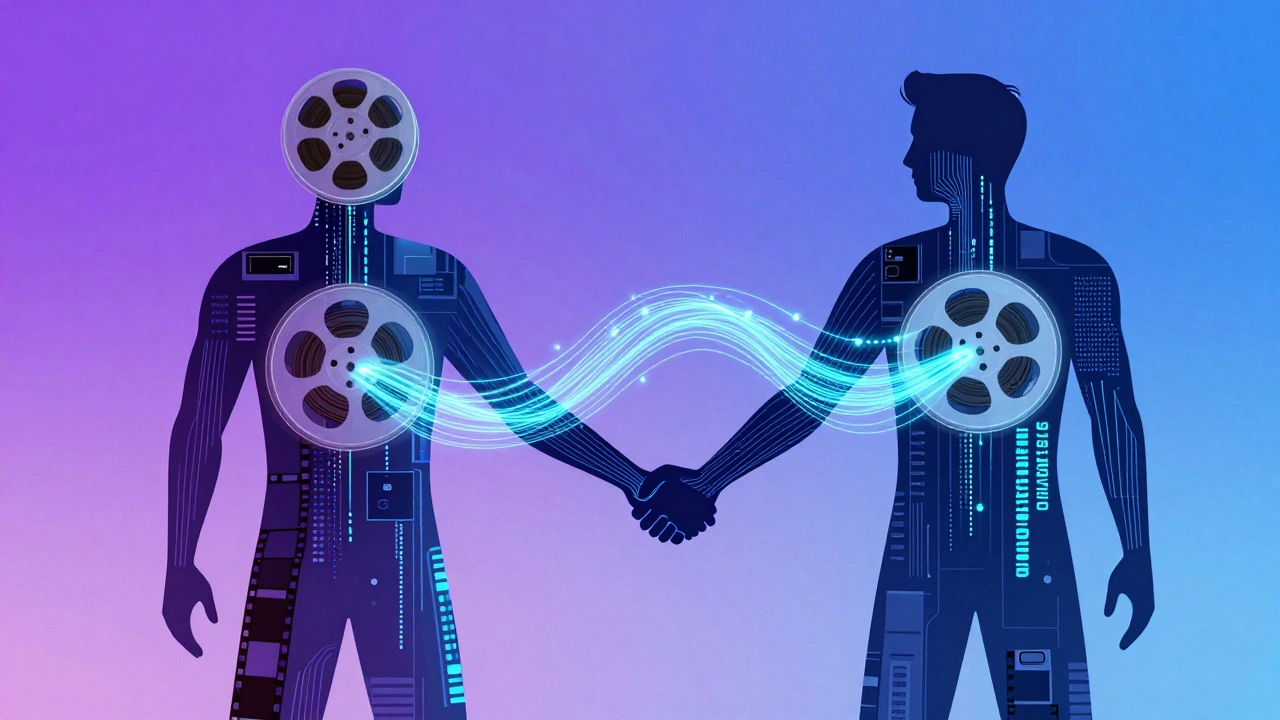 Abstract art of film reels merging into digital data streams.