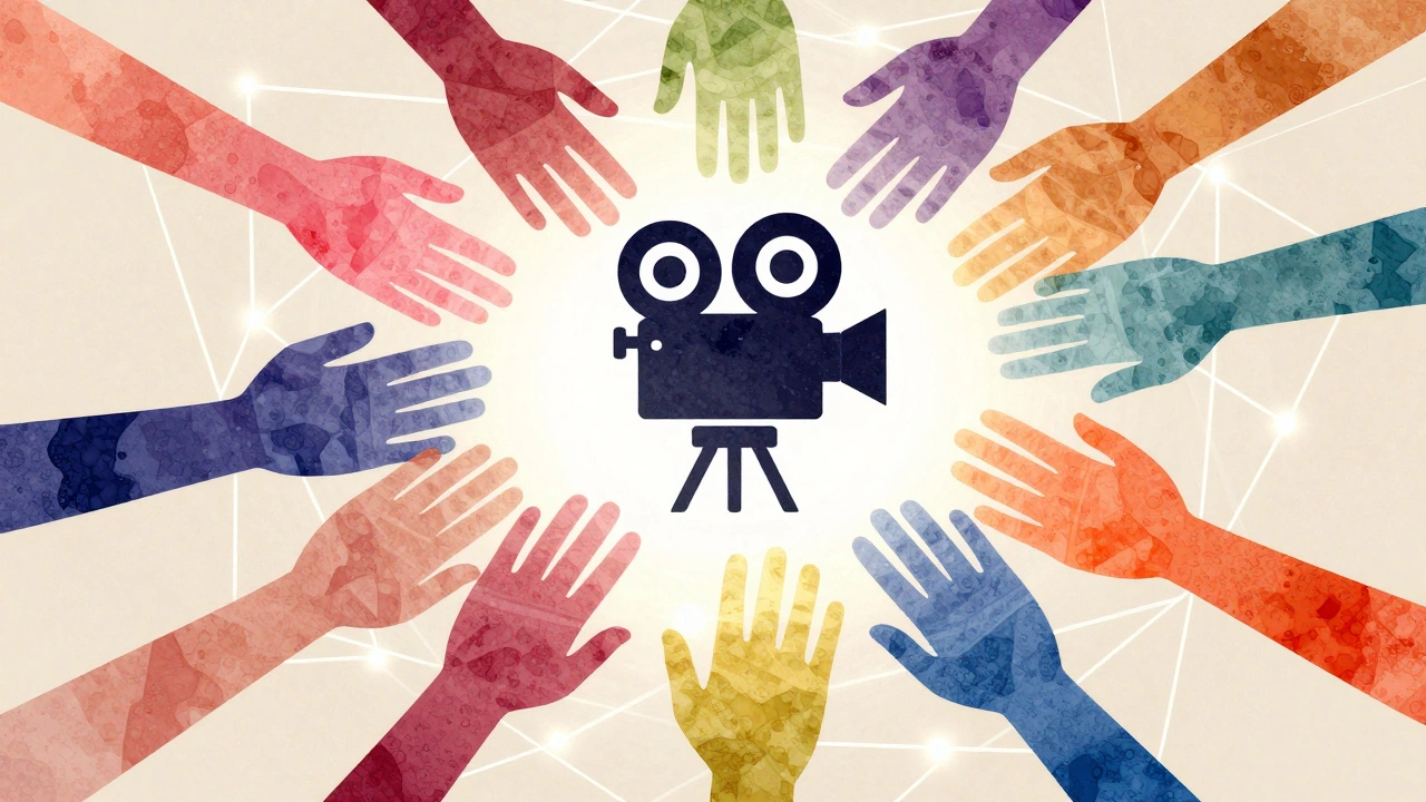 Abstract hands supporting camera with rainbow colors