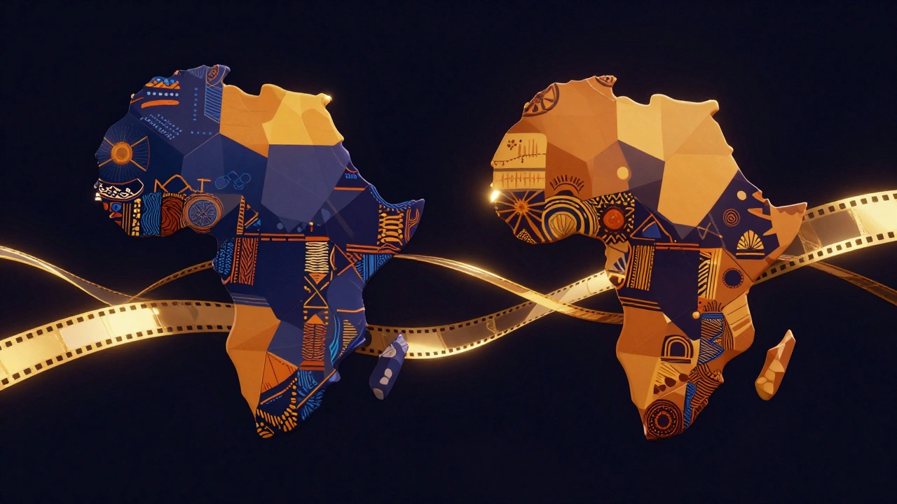 Abstract illustration of film reels connecting African regions