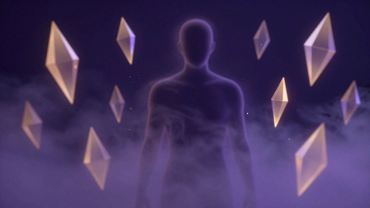 Abstract prisms protecting a human silhouette